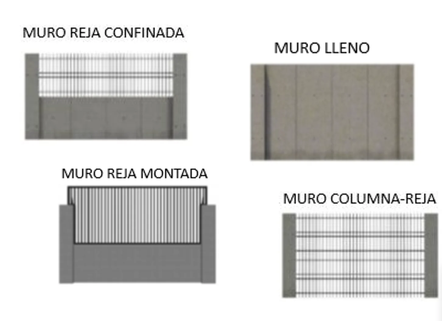 Tipos de muros prefabricados: reja confinada, muro lleno, reja montada y columna-reja